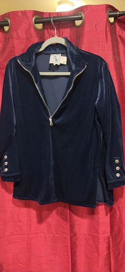 Vintage La Perle navy blue velvet quarter zip pullover with button cuffs