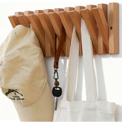 Coat & Hat Hooks Wall Mount with Key Holder, Wall Mounted Coat Rack with 9 Retractable Hangers, Solid Wood Slim Key Holder for Entryway, 17in Natural 