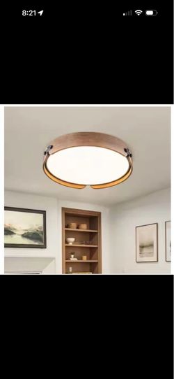 EDISLIVE 16.5 in. 1-Light Drum Matte Wood Dimmable Integrated LED Flush Mount