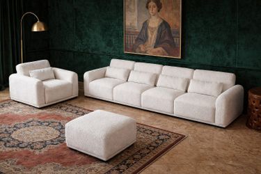 Modern Bouclé Sofa Set – 2 Seater 65” & 4 Seater 123” Oversized Cloud Couch with Ottoman, Upholstered Living Room Furniture, Deep Seat Comfy Lounge So