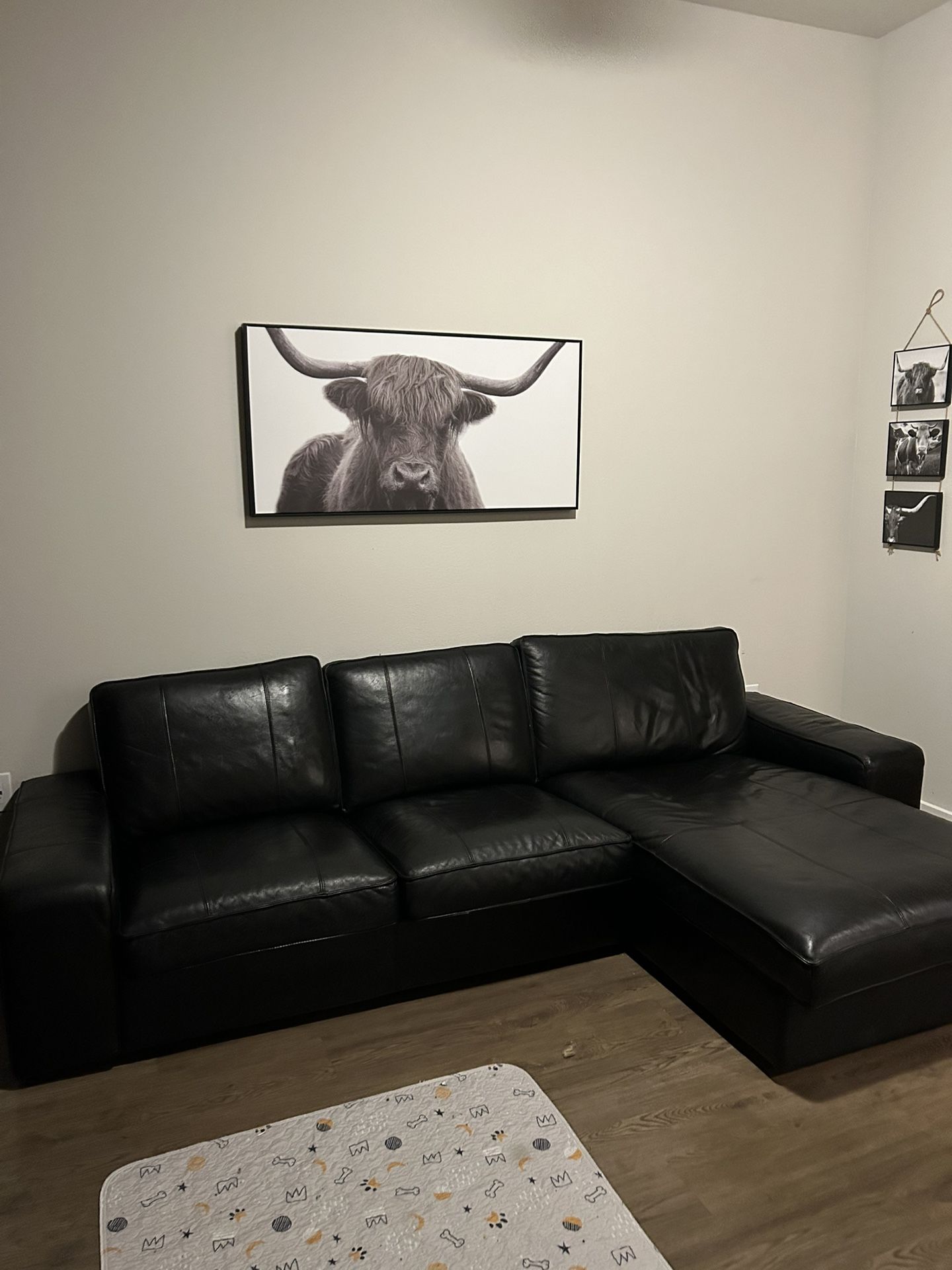 Black 100 Percent Real Leather Sofa With Chaise