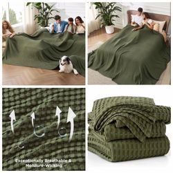 Cooling Cotton Waffle Oversized King Blanket - Lightweight Breathable Rayon Derived from Bamboo for Hot Sleepers, Luxury Throws for Bed and Sofa, Oliv