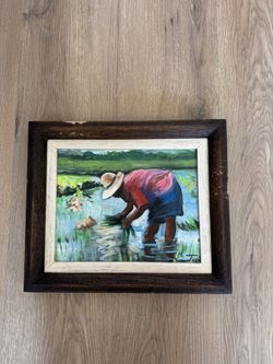 Hand-Painted Framed Artwork – Farmer in Vibrant Landscape