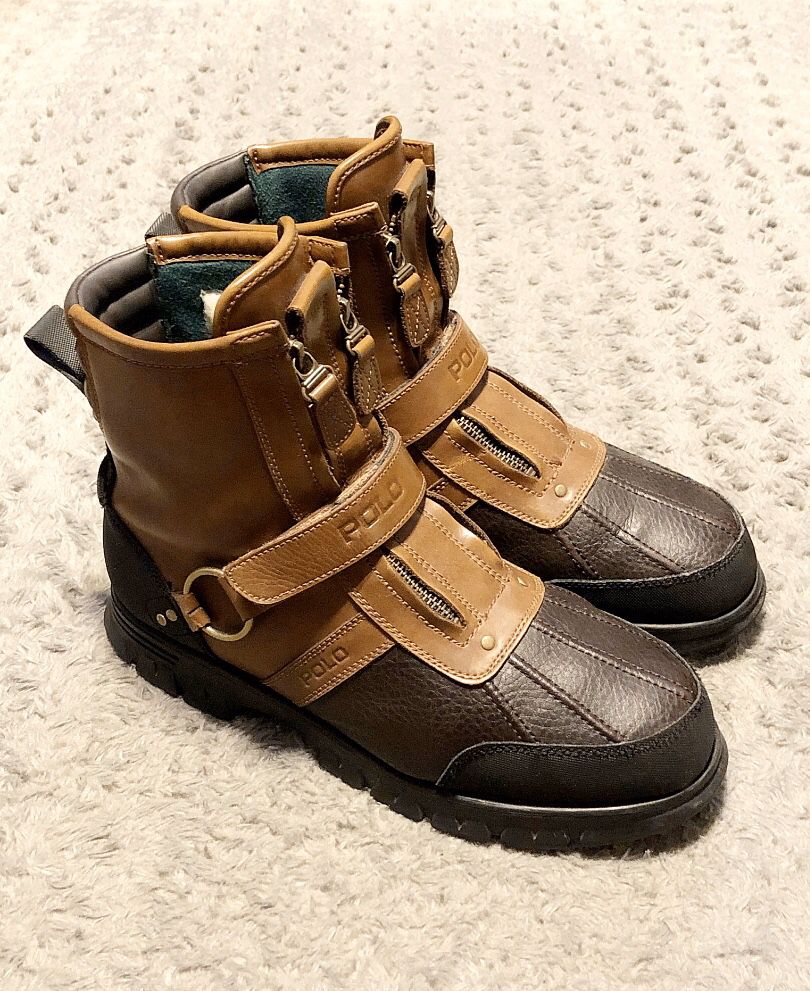 Mens Polo Ralph Lauren paid $175 size 10.5 like new! Only worn twice. Conquest Hi II moto boots Brown color. Double-zip fronts. No issues great boots