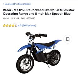 Razor - MX125 Dirt Rocket eBike w/ 5.3 Miles Max Operating Range and 8 mph Max Speed - Blue
