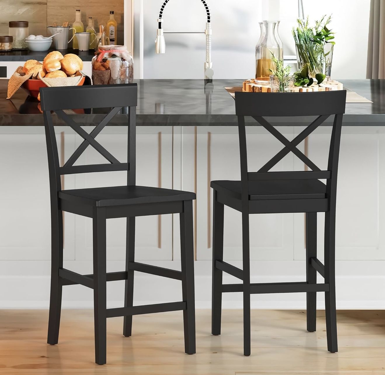 X-Back Farmhouse Barstools for Kitchen Island, Home Bar, Black. Set Of 2