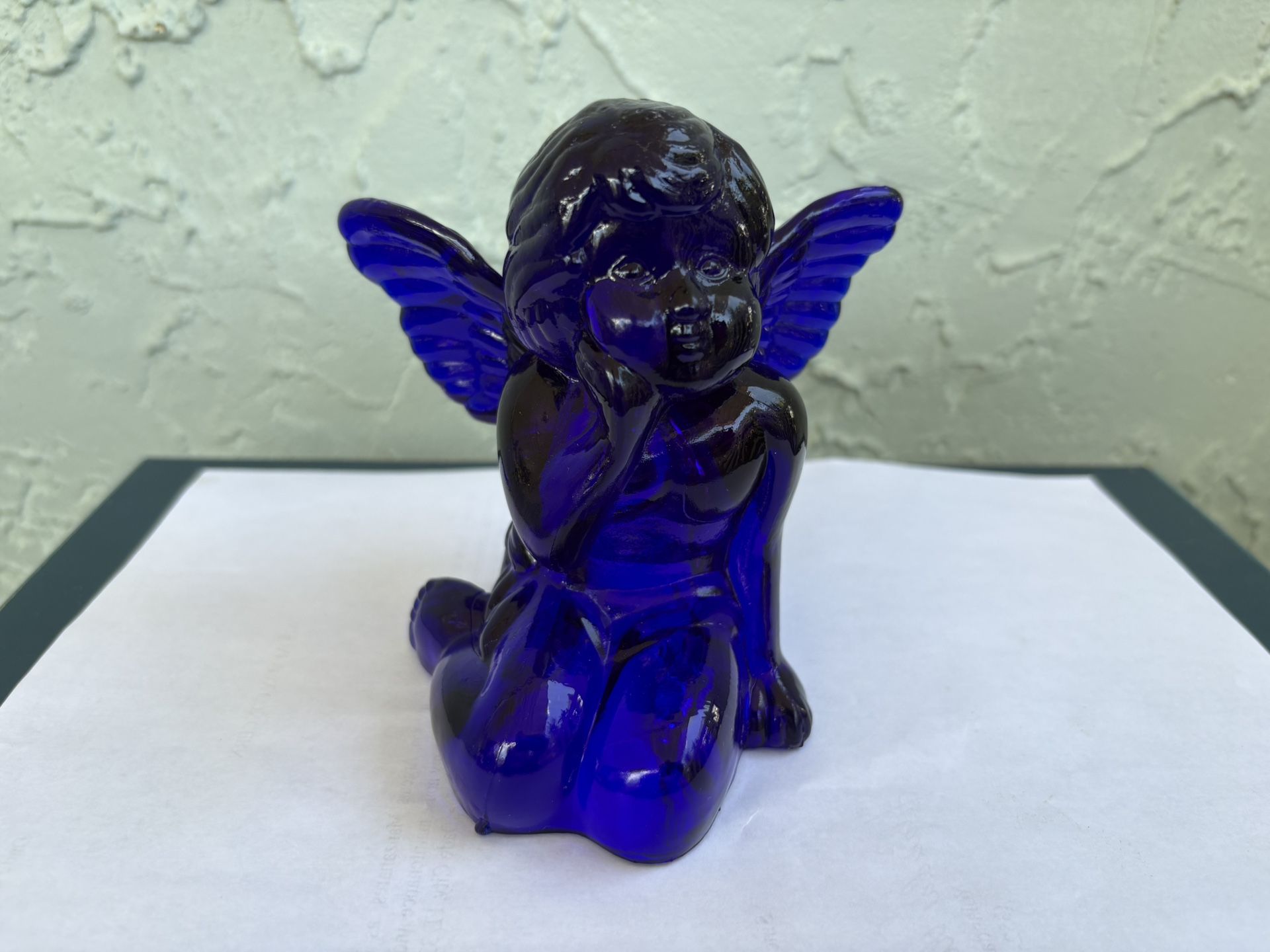 Vintage Cobalt Blue Glass Kneeling Angel/Cherub Candleholder