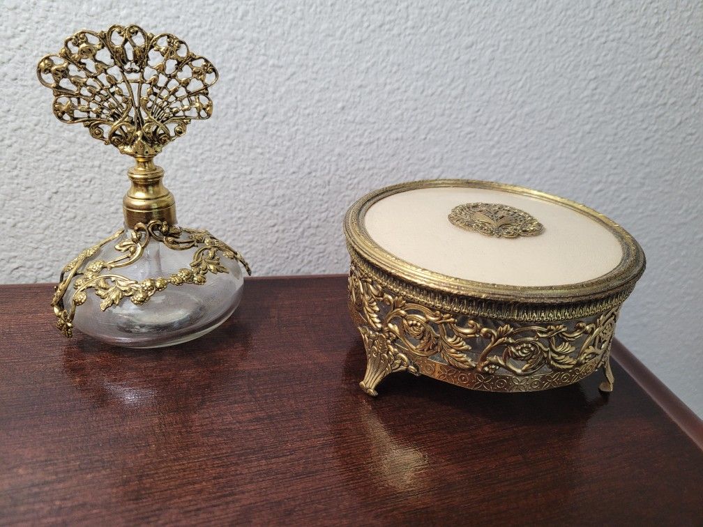 Vintage 24k Gold Plated Powder Box and Perfume Bottle