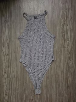 SHEIN Gray Ribbed High Neck Bodysuit