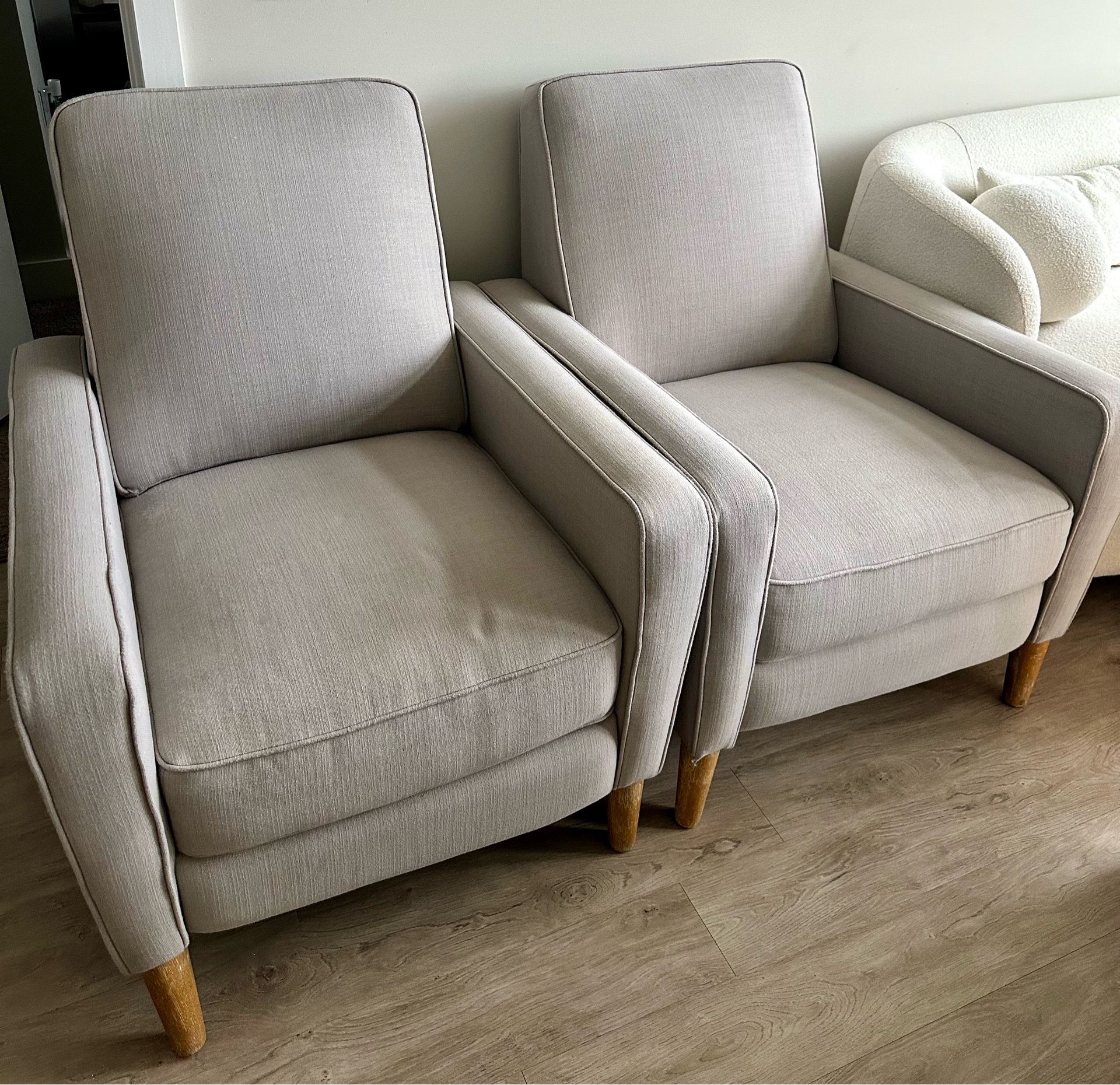 Set of 2 Donna Karan Gray Linen Accent Chairs (Secret Recliners!)