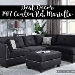 New Black Linen Like Sectional Sofa Couch With Storage Ottoman 