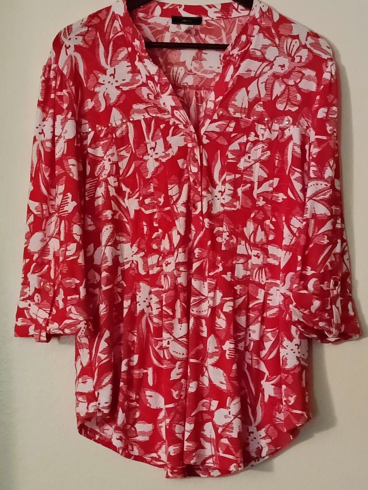 VeraRose Red & White 3/4 Pullover Tunic/Blouse