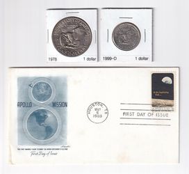 1978 & 1999 Apollo11 Insignia Uncirculatd Dollars plus 1969 USPS Apollo8 First Day Cover