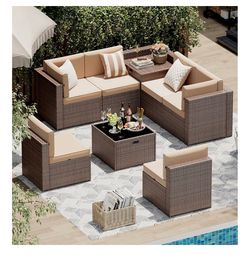 New, 8 pieces outdoor patio set( cushion choice grey, blue, beige, already assembled