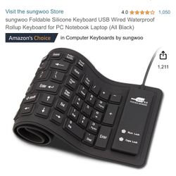 Foldable Silicone Keyboard USB Wired Waterproof Rollup Keyboard for PC Notebook Laptop (All Black)