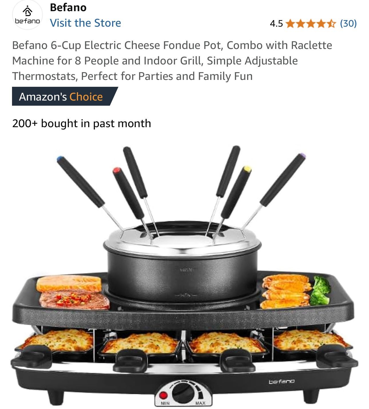 Befano 6-Cup Electric Cheese Fondue Pot, Combo with Raclette Machine for 8 People and Indoor Grill, Simple Adjustable Thermostats, Perfect for Parties