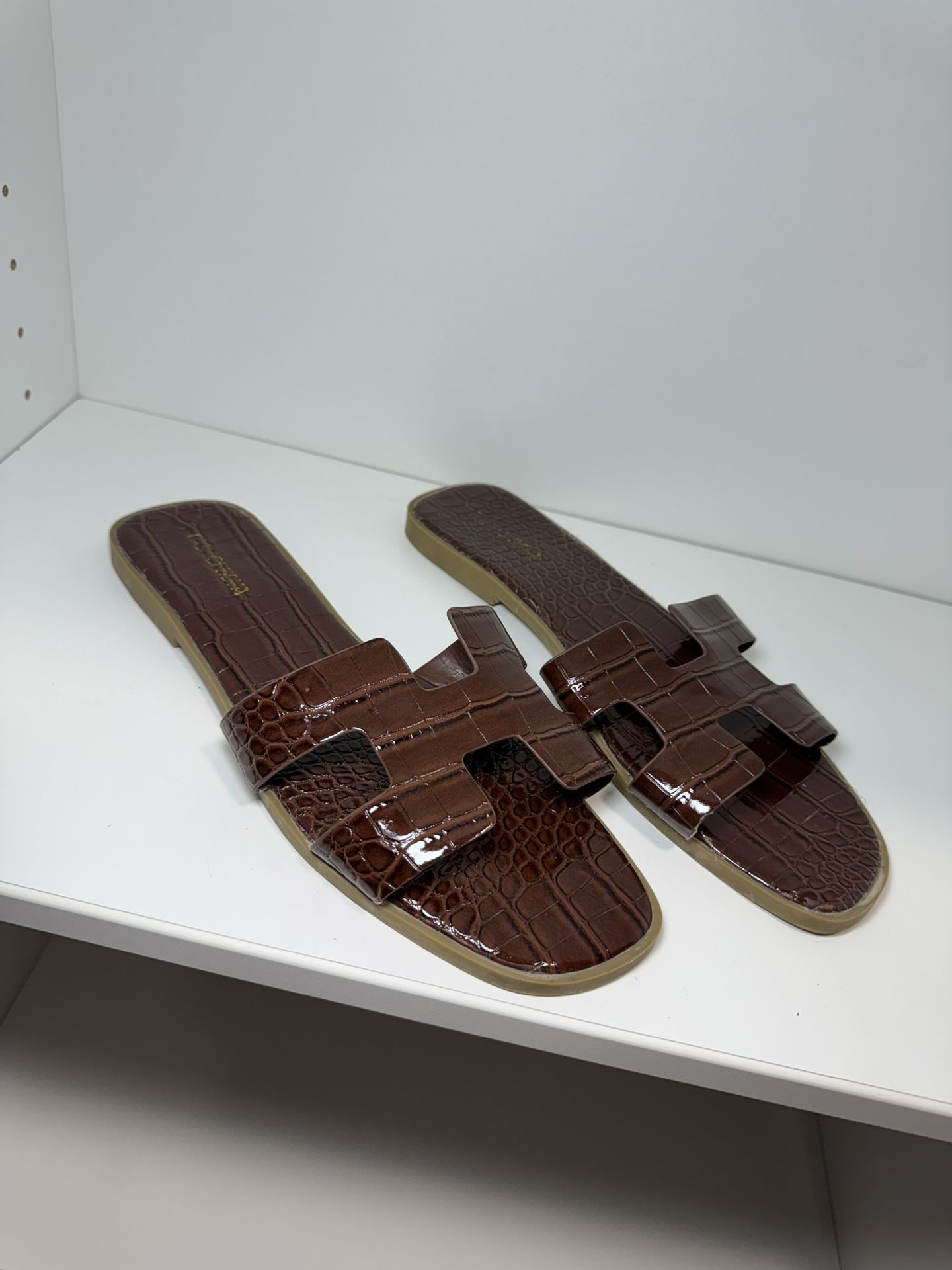 Brown H Strap Flat Sandals