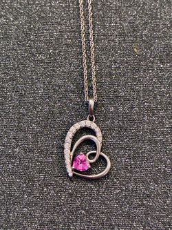 Silver Tone and CZ Heart-Shaped Necklace with Pink Topaz