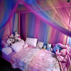 Like New Princess Twin Canopy Bed w/ Rainbow Canopy + Mattress + Bedding