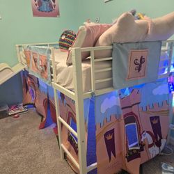 Twin Slide Metal Frame Bed With Mattress Amd Castle Drapes Included