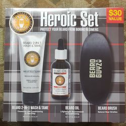 Beard Guyz "Heroic Set" 3 pc Beard Grooming Set w Boar Bristle Brush, Wash & Oil