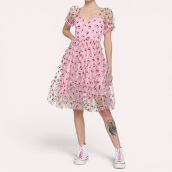 Hot Topic Pink Glitter Cherry Print Tiered Mesh Dress, Size L, MSRP $45