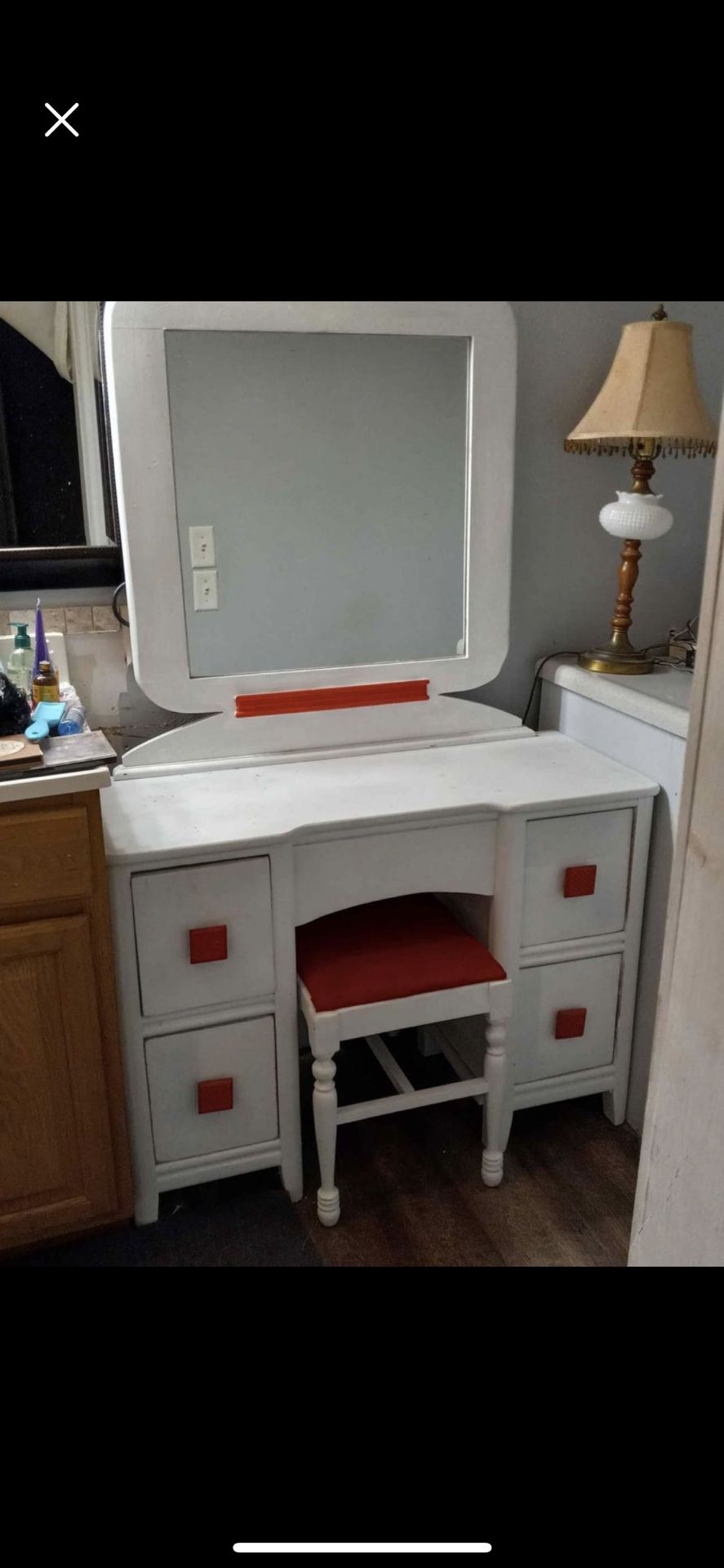 Distressed And custom Painted vanity With Matching Red Stool