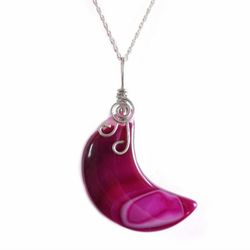 Wire wrapped pink purple crescent moon agate sterling silver necklace new gifts