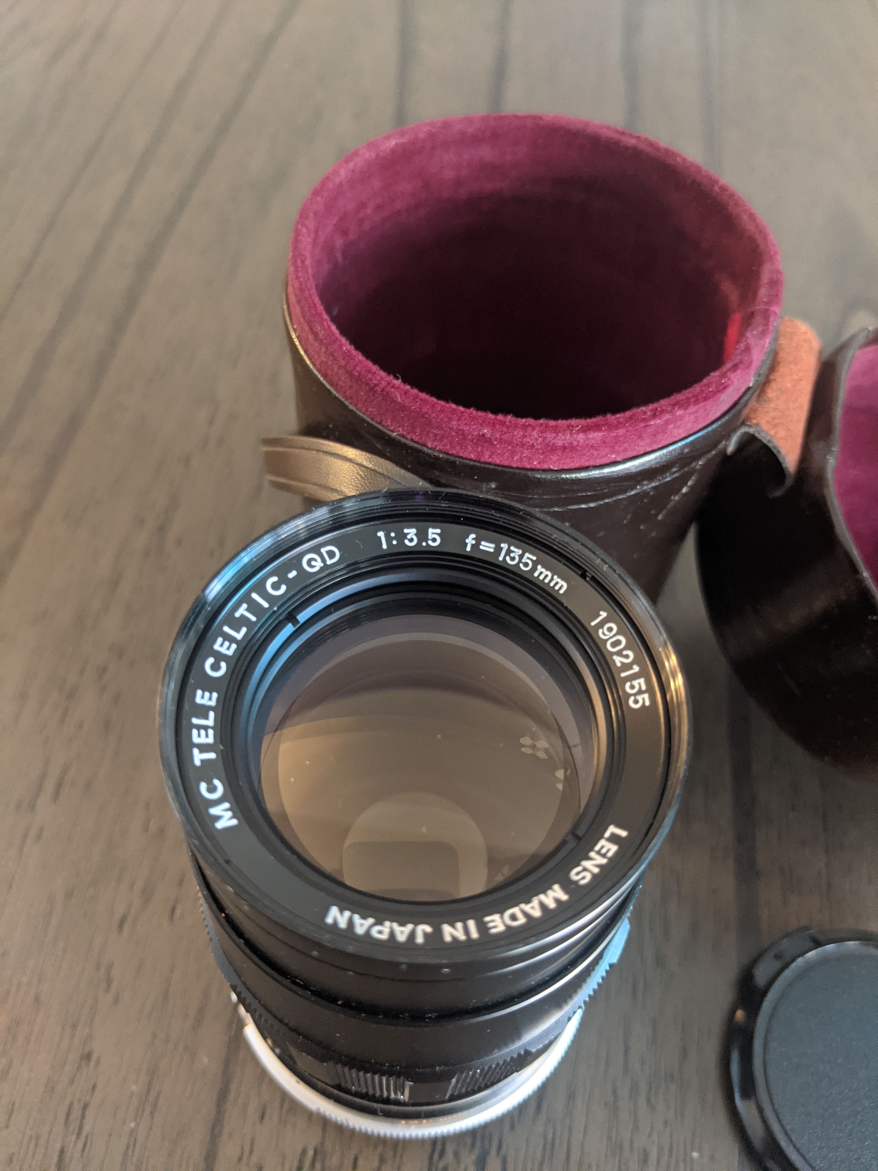 Minolta MC Tele Celtic-QD f3.5 135mm prime telephoto lens with leather and velvet lined hard case