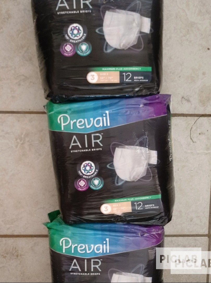 Lot of 36 Prevail Air Size 3 stretchable briefs adult disposable diapers 58"-70"