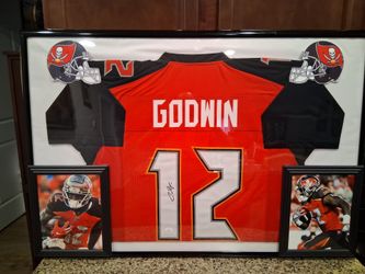 CHRIS GODWIN WITH THE TAMPA BAY BUCCANEERS, CUSTOM STITCHED FRAMED,SIGNED JERSEY WITH COA.