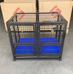 New in box $160 Folding Dog Cage 37x25x33” Heavy Duty Double-Door Kennel w/ Divider, Plastic Tray
