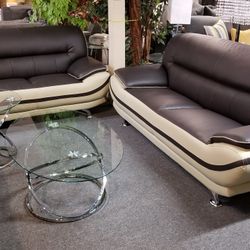 Brand New Brown/Gray Bonded Leather Modern Sofa + Loveseat 2PCs Set