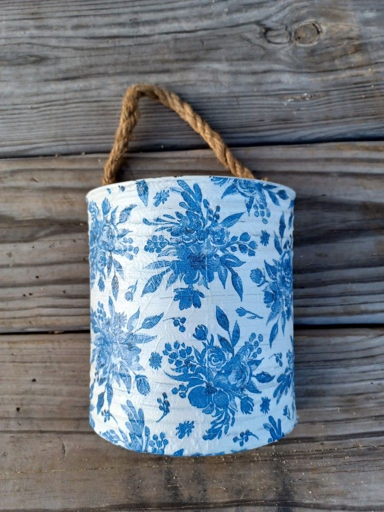 Vintage Metal Blue Floral with Rope Hanging Planter /Decor
