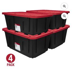 27 Gallon Stackable Snap Lid Plastic Storage Bin Container, Black with Red Lid, Set of 4