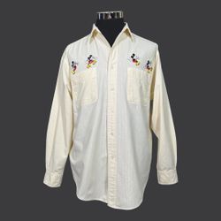 DISNEY Mickey Yellow White Stripe Long Sleeve Men’s Button Shirt Sz L  - In good, clean, odor free, smoke free, no major defects noticed. Comes with e