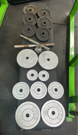 Weights barbell dumbells  Bfco, weights  yes for all weights   1 1/4 pound discs x 2  5 pound discs x 5 8 pound discs x 4  10 pound discs x 4  2 dumbe