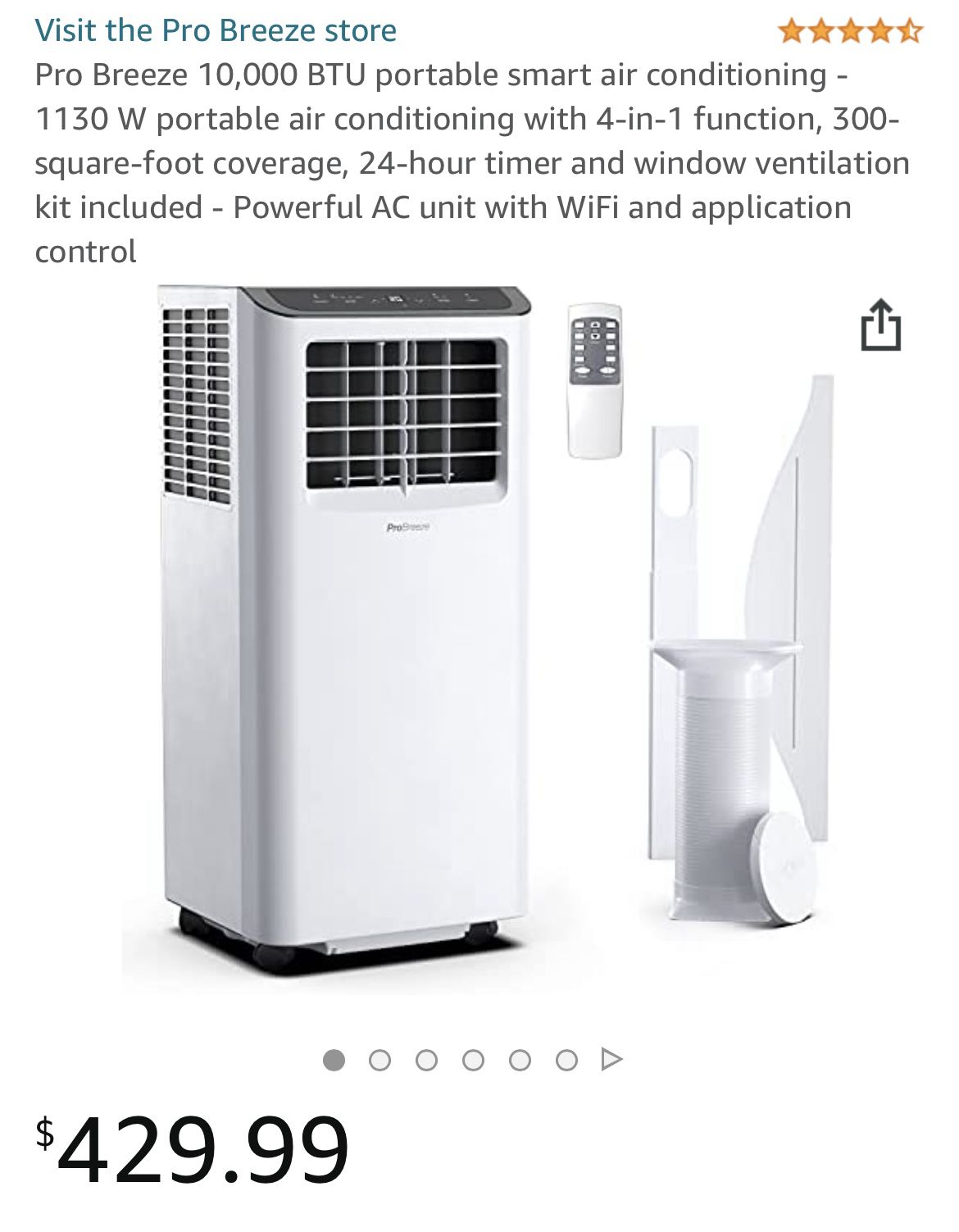 *NEW* Pro Breeze Smart Air Conditioner Portable 10,000 BTU - 1130W Portable Air Conditioner with 4-in-1 Function, 300 Sq Ft Coverage, 24 Hour Timer & 