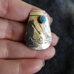 Navajo Sterling Silver And Turquoise Jug Pin