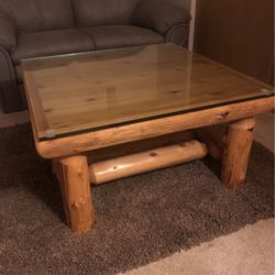 Real Log Coffee Table With 1/2” Thick Glass Top 