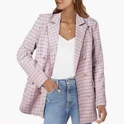Oversized Pink Blazer Button Down Business Casual Womens Plaid Chic