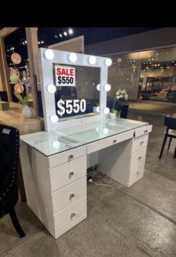 Glamorous White Vanity with LED Hollywood Mirror – $550