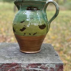 Large Vintage Folk Art Redware 10” Tall Pitcher ~ 2 Tone Finish Greens & Browns
