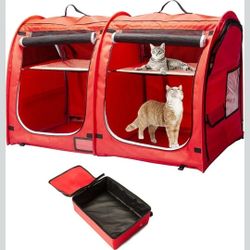 Mispace Portable Twin Compartment Show House Cat Cage/Condo - Easy to Fold & Carry Kennel