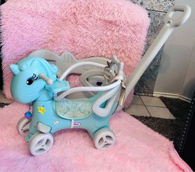 GDFStudio Ursa Unicorn Rocking Horse Toy with Backrest, Push Handle and Balance Board