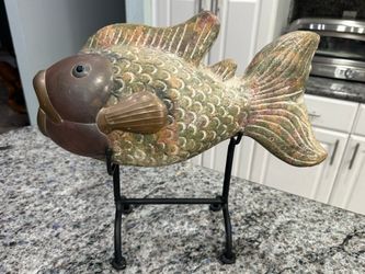 Heavy 17" Vintage Mexican Brass & Terracotta Koi Fish Sculpture with Stand