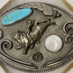 Vintage Belt Buckle Silver And Blue Turquoise Mother of Pearl Bull Riding