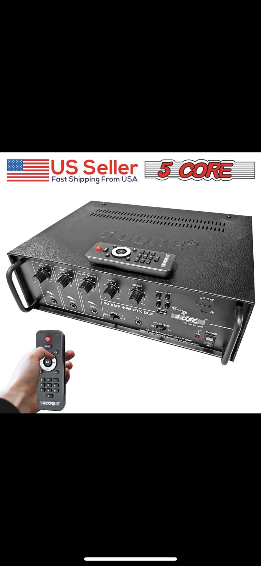 5 Core 2.0 channel Stereo w/ 3 Mic Inputs, EQ, Digital Display & Remote Control AMP 40W-UTX-DLX
