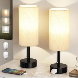 New In Box Bedside Table Lamps Set of2-3Color Temperatures Pull Chain Lamp with AC Outlet Charging Port,Two Round Night Stand Lamps with E26 LED Bulbs