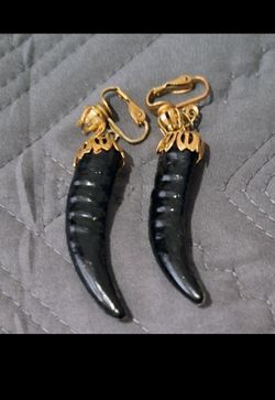 Vintage Mid Century Black Horn Tusk Drop Clip On Earrings. Stamped "Hong Kong"